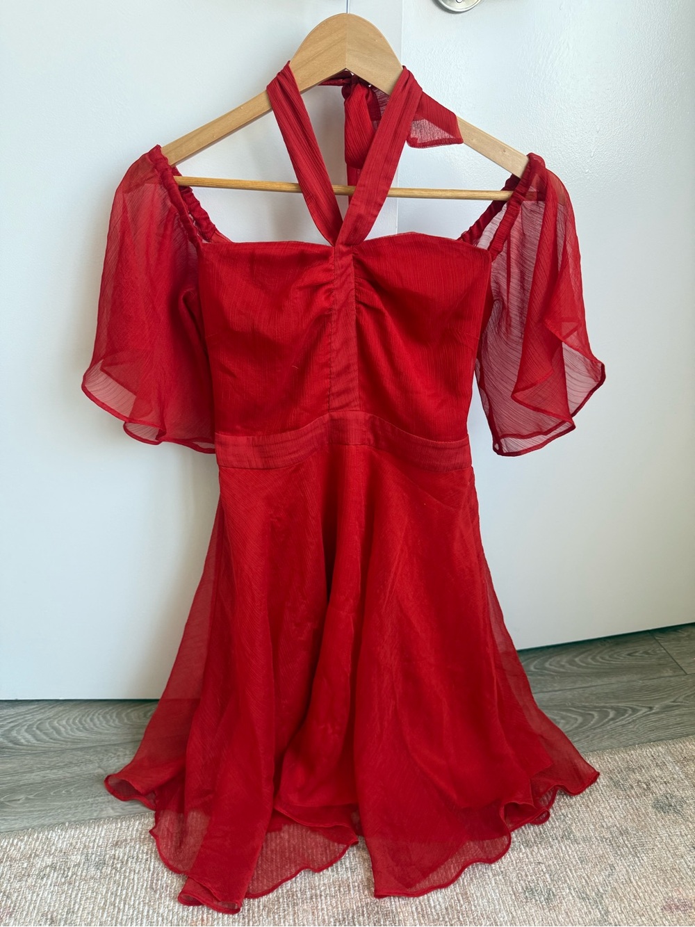 Bebe- Red Off-Shoulder Halter Skater Dress XS